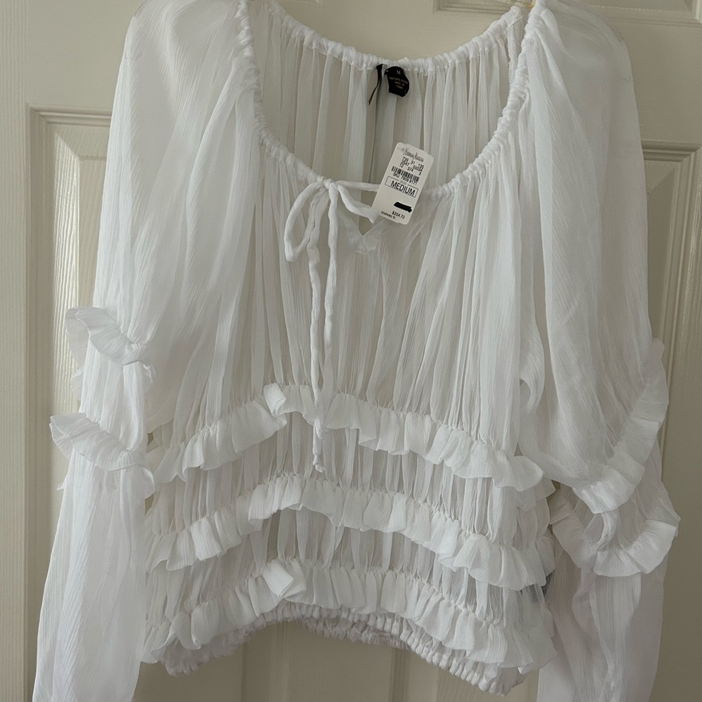 Neiman Marcus Wilster Sheer White Boho Ruffled Long Sleeve Blouse NWT Old Stock